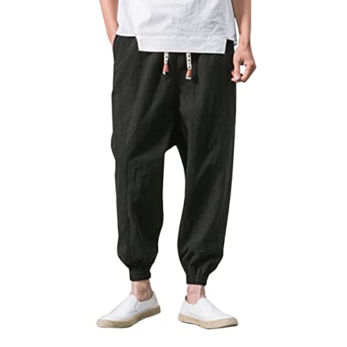 Generisch Herren Leinenhose mit Kordelzug Leicht Sommerhose Strandhose Herren Hose Lang aus Baumwollmischung Einfarbig Haremshose Herren Chino Hose Herren Slim Fit Grau Hosen Herren Baggy Jeans