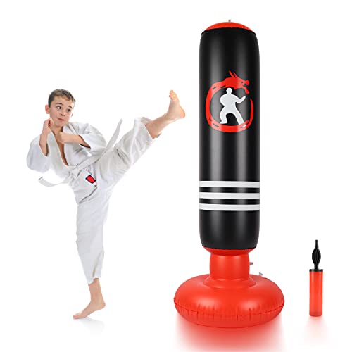 Dripex Boxsack Kinder, 160cm aufblasbare Punchingball freistehender Boxsack für Kickboxen, Karate, MMA, Boxen und Stressabbau (Schwarzrot-Drachen)