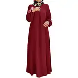 Muslimische Kleider Damen Frauen Bohemian Polka Dot Print muslimisches Kleid mit langen Ärmeln islamische Gebetskleidung Festliche Kleider Für Damen 50 Abaya Kaftan mit Hijab Retro Kleid (Red, XXXXL)