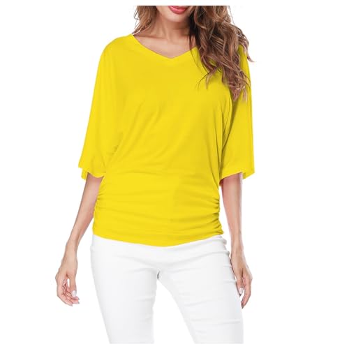 T-Shirt Damen Kurzarm Sport Sommer Oberteile Plus Top V-Ausschnitt Ärmel Batwing Lose T Shirt Mode Größe Falten Saum Frauen Solide Plus Größe Tops Damen Basic Kurzarm Crop Top Casual (Yellow, XXL)