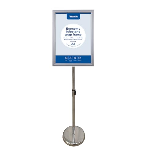 Europel Infoständer Economy, Klapprahmen A3 Silber, Profil 25mm, Hoch- oder Querformat, höhenverstellbar, Präsentationsständer für Plakate, Schilder, Werbung, Menüs, Geschäfte, Hotels, Restaurants.
