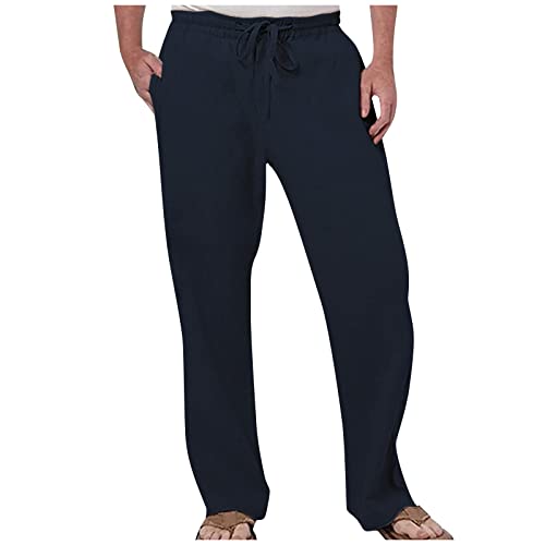 Leinenhose Herren Männer Leicht Einfarbig Leinen Hose Mit Kordelzug Loose Elastischer Bund Lang Sommerhose Leinen Hose Herren Leinen Shorts Herren Leichte Leinenhose (3-Navy,M)