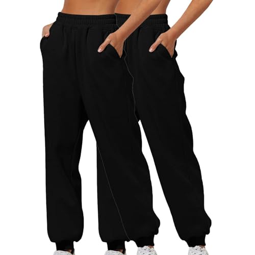 XCXC 2er-Pack Damen Jogginghose mit Cinch-Bottom und Taschen Frauen Einfarbiger Trainingsanzug Baggy Hose mit elastischer Taille für Lässiges Hip-Hop, Fitnessstudio und Joggen