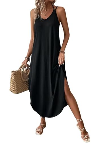 Chicrise Maxikleid Damen Lang Ärmellose Sommerkleid V-Ausschnitt Tank Strandkleid Elegant Schwarz Mittel 38-40