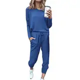 Temperament Anzüge Leicht Bequeme Jogginganzug Langes Sommer Komfort Freizeitanzug Frauen Casual 2pc Reine Farbe Langarm Freizeit Tasche Home Jogginghose Casual Persönlichkeit Sets (Blue, M)