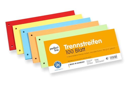 perfect line • 100 Trennstreifen für Ordner A4, Trennblätter aus Recycling-Karton, MADE IN GERMANY, 5 Farben, gelocht