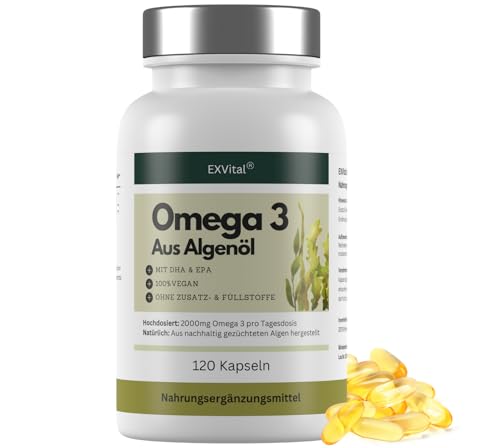 EXVital® Omega 3 aus Algenöl, vegan, 120 Softgel Kapseln, 2000mg pro Tag (600 DHA & 300mg EPA), aus nachhaltigen Algen gewonnen, hochdosiert & laborgeprüft