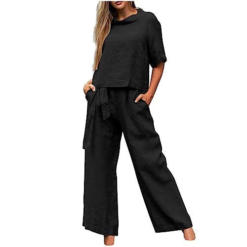 HAOLEI Modischer Anzug Für Damen, Mittel Ärmeliges Rundhals Baumwoll Und Leinen Casual Zweiteiler Set, Sale Angebote Sommer Outfits Elegant Schicke, Trainingsanzug Lockere Atmungsaktive