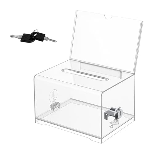 Spendenbox Abschließbar, Empfohlene Box, Acrylspendenbox, Wahlurne Transparent mit Schlüssel Schloss, mit Aufkleber, für Visitenkarten, Abstimmungen, Gewinnspiele