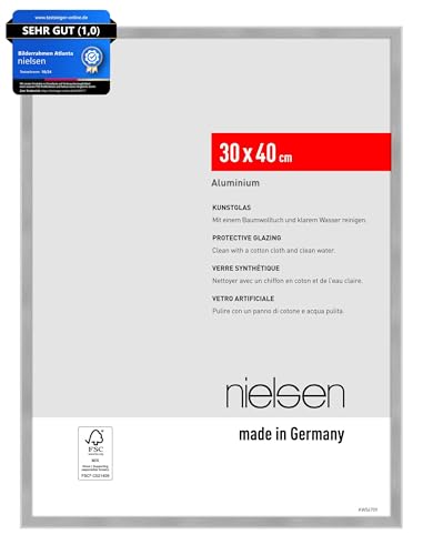 nielsen Bilderrahmen, 30 x 40 cm, Aluminium, Silber matt, Fotorahmen zum Aufhängen im Hoch- & Querformat, bruchsicheres Kunstglas, Atlanta