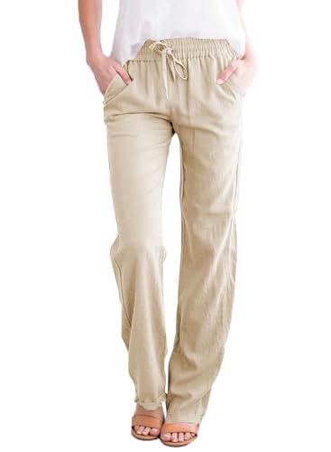 Leinenhose Damen Hose Sommer Musselin Hosen Stoffhose Einfarbig Freizeithose Gerade Geschnitten Hose Sommerhose und Taschen (Khaki1, L)
