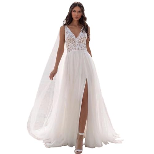 Ärmellose Boho Brautkleider Sexy Rückenfreies V-Ausschnitt Brautkleid A-Linie Spitze Split Vintage Hochzeitskleid
