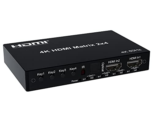 4K@60Hz HDMI Matrix 2x4 mit Audiotrennungsausgang (3,5 Kopfhörer- und optischer Audioausgang) 2 HDMI-Eingänge 4 HDMI-Ausgänge (4 Ausgänge können unterschiedliche Bilder anzeigen)