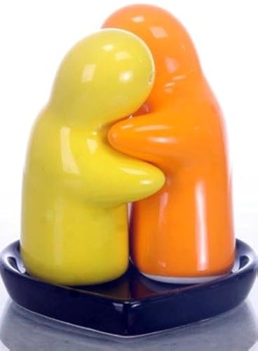Salz und Pfefferstreuer Set , Salz und Pfefferstreuer , Keramik ,lovers , (gelb/orange) mit schwarzem Herz Untersetzer