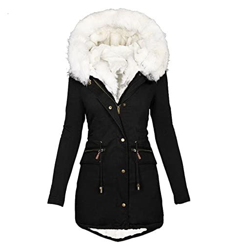 EMATOP Damen Wintermantel Warmer Parka Jacke Lange Elegant Fleecejacke Lässig Baumwolle Winterjacke Langarm Casual Winterparka Mantel Einfarbig Lange Hoodie Outdoorjacke Winter Kapuzenjacke