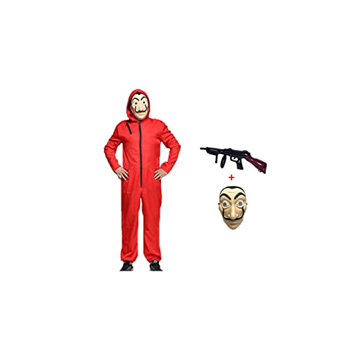 Karneval Kostüm Bankräuber Overall für Halloween Dieb Kostüm Overall Rot Langarm Strampler mit Kapuze,Cosplay Set Maske Und Maschinengewehr Fasching Kostüm