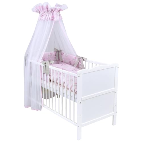 Generisch Baby Delux Babybett Komplett Set Kinderbett umbaubar zum Juniorbett weiß 140x70 Jack Bettset Matratze (Hase rosa)