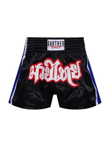 Fldy Kinder Jungen Thaibox Shorts MMA Muay Thai K1 Thai Boxen Shorts Locker Kurze Hose Kampfsport BJJ Fitness Käfigkampf Trainingshose Schwarz&Blau 128-152