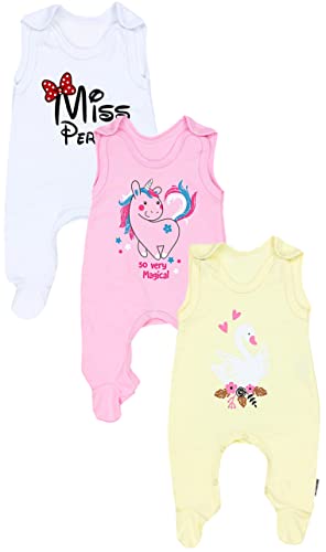 TupTam Baby Mädchen Strampler mit Aufdruck Spruch 3er Pack, Farbe: Miss Perfect Weiß Unicorn Rosa Schwan Gelb, Größe: 56