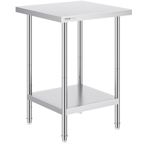 VEVOR Zubereitungstisch aus Edelstahl, Robuster Arbeitstisch aus Metall mit 3 einstellbaren Höhenstufen, gewerbliche Arbeitsstation für Küche, Garage, Restaurant, Hinterhof 610 x 610 x 864 mm