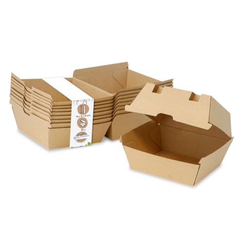 GREENBOX Take Away Burger Box 50 Stück I robuste Burgerboxen mit hohem Klappdeckel I Hamburger Box aus Kraftkarton I stabile To Go Burger Verpackung 13 x 14 x 8 cm I biologisch abbaubar