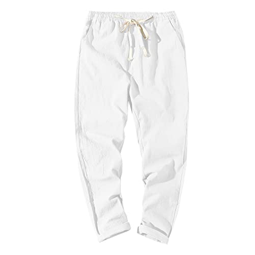 Hose Herren Kurze Herren Hosen Sommer Anzughose Herren Slim Herren-Baumwoll- Leinen-Normallack-Freizeithose japanischem Leinen, sportlich, schmale Hosenfüße Herrenhose Schwarz Stoff (White, XL)