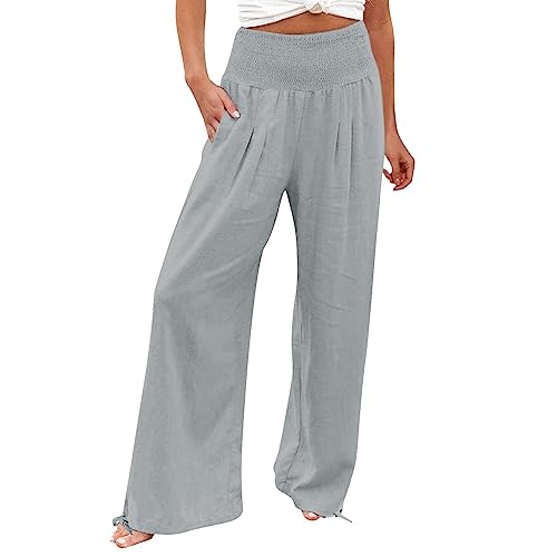 Hosen Damen Locker Gummibund Damen-Hosen mit hoher Taille, Taschen, elastischer Taille, einfarbig, lockere Hose, lässige Lange Hose Bequeme Hose Damen (Grey, M)