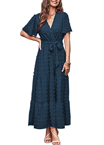 Yageshark Sommerkleid Damen Lang Boho Kurzarm mit Rüschen Wickel V Ausschnitt Strandkleid mit Gürtel Einfarbig Maxikleid 2023