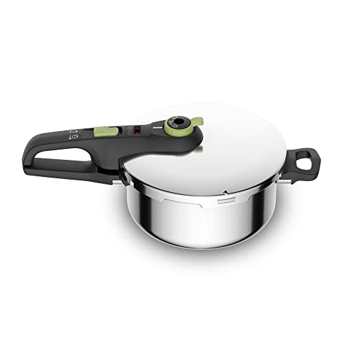 Tefal P2580400 Secure Trendy Schnellkochtopf 4 L | 2-Stufen-Garregler: Intensivstufe 117°C, Schonstufe 112°C | Induktions-Kapselboden | für alle Herdarten | kurzer Gegengriff | Edelstahl/Schwarz/Grün