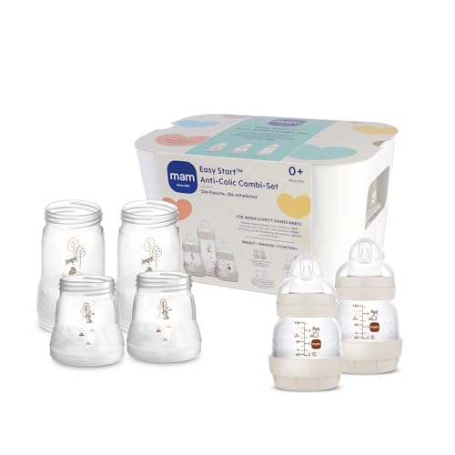 MAM Easy Start Anti-Colic Combi-Set, Babyflaschen Set mit 6 Flaschen gegen Koliken (2 x 130 ml, 160 ml, 260 ml) & Flaschenkorb, Babyausstattung ab der Geburt, beige