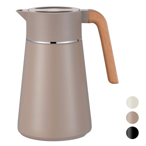 VETIN 1,5L Thermoskanne 304 Edelstahl Doppelwandige Vakuumisolierung, Kaffeekanne Thermo mit Holzoptik Griff, Isolierkanne 12h Hitze / 18h Kälte (Khaki)