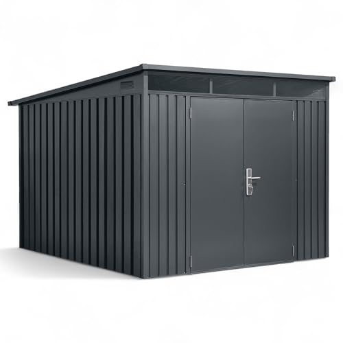 Gerätehaus Metall pulverbeschichtet anthrazit 8 m² Innenfläche | Geräteschuppen Pultdach 307 x 280 x 201/180 cm | Tageslichtfenster, Gasdruckdämpfer, hochwertiges Schloss, Lüftungsgitter