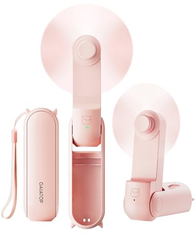 GAIATOP Tragbarer Handventilator, 3-in-1 Mini-Reiseventilator, faltbar, 17 Stunden maximale Kühlzeit, mit Powerbank, Taschen-Design, wiederaufladbar über USB, für Reisen, Konzert, Wimpern-Make-up