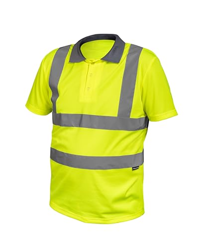 Högert Technik Warn Poloshirt mit reflektierenden Elementen, atmungsaktives 100% Polyester, gelbe Schutzkleidung, freier Schnitt, Sichtbarkeit an Körper & Schultern