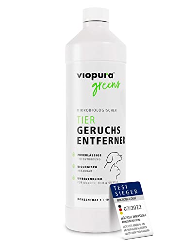 viopura mikrobiologischer Tier Geruchsneutralisierer (1 Liter Einzelflasche) – gegen Tiergerüche, Katzenurin, Geruchsentferner Hund – dermatologisch getestet – Enzymreiniger Tierhaltung
