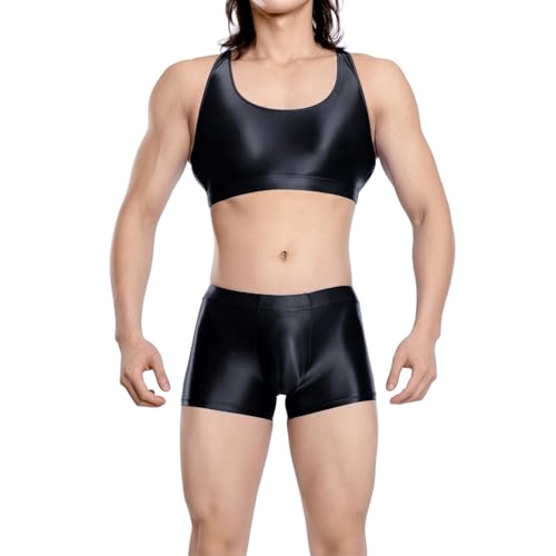 Bauzuoyo Öl Glanz Herren Sexy Crop Tank Top mit Boxershorts Zweiteiler Sissy Dessous Glossy Transparent Erotische Reizwäsche Ärmellos Sexy Eng Stretch Öl Glänzend Set Clubwear Hausanzug