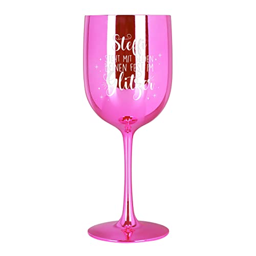 Herz & Heim® Weinkelch hochglänzend mit Gravur aus Kunststoff 460 ml Pink, Glitzer