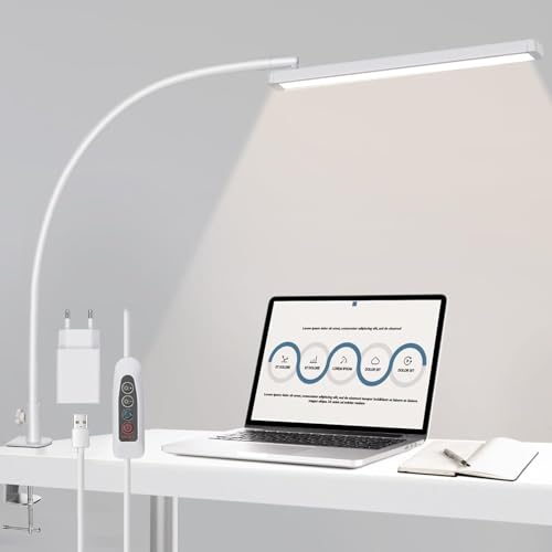 BIENSER Schreibtischlampe LED Klemmbar, 1100LM Schwanenhals Klemmleuchte, Architektenlampe Arbeitsleuchte 5 Farben X 10 Helligkeitsstufen Dimmbar, Augenschutz Klemmlampe, Büro Tischlampe, Weiß
