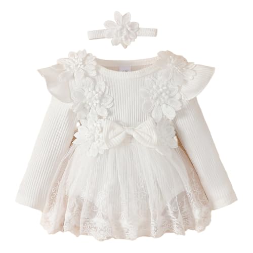 Agoky Baby Mädchen Langarm Kleid Gerippt T-Shirt Shirtkleid mit Blumen Haarband Tüllrock Festlich Prinzessin Partykleid Festkleider Taufbekleidung Weiß 50-62