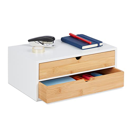 Relaxdays Schubladenbox, Bambus & MDF, Mini Kommode 2 Schubladen, HBT: 14x33x21 cm, Schreibtisch Organizer, weiß/natur