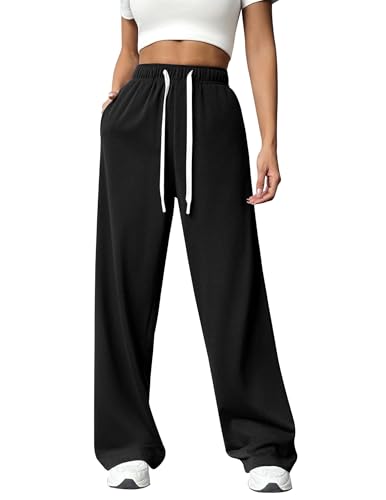 PINSPARK Jogginghose Damen Sporthose Lang Baggy Traininghose High Waist Freizeithose Lockere Sweatpants mit Elastischem Bund Weites Gerades Bein Yoga Gym Hose Laufhosen Schwarz XXL