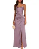 JAEDEN Satin Brautjungfernkleid Spaghettiträger Ballkleider Lang mit Schlitz Meerjungfrau Falte Abendkleider Wisteria 48