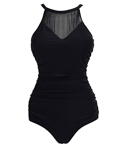 VILOREE Damen Schlankheits Badeanzug Raffung Einteiler High Neck Bademode Strandmode Schwarz #2 L