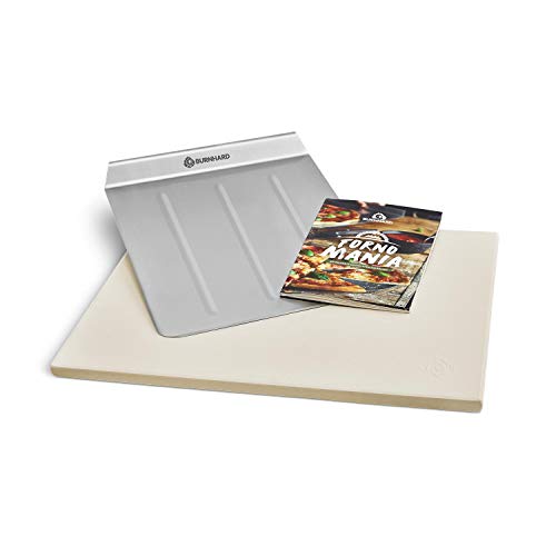 BURNHARD Pizzastein und Pizzaschaufel für Gasgrill & Holzkohlegrill aus Cordierit und Edelstahl für Brot, Flammkuchen & Pizza, rechteckig - 45 x 35 x 1,5 cm