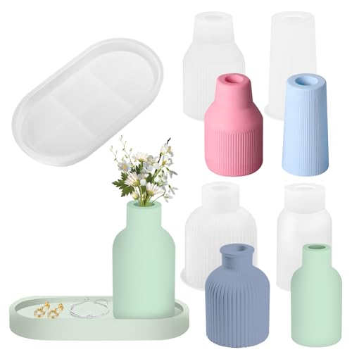5 Stücke Vase Silikonform, Gießformen Blumenvasen, DIY Vases Resin Formen,Handgefertigte Silikonform zur Herstellung 4 Vase+1 Paletten