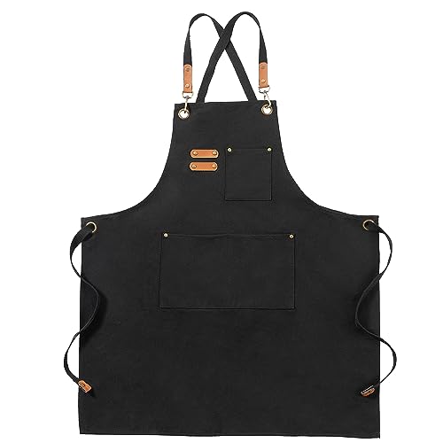 FunChaos Segeltuchschürzen, Arbeitsschürzen für Männer und Frauen, Kochschürzen mit verstellbarem Riemen und 3 Taschen, Schürze für Server Küche Kochen Backen Künstler Malerei, Kreuzrücken (Schwarz)
