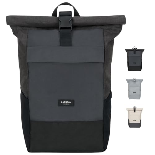 Larkson Rucksack Herren & Damen Schwarz Grau - No 4 - Rolltop Backpack mit Laptopfach für Uni, Arbeit & Fahrrad - Großer Reiserucksack - Wasserabweisend