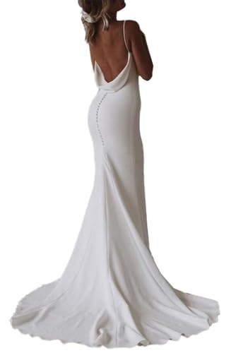 Beyonddress Damen Satin Brautkleider für Braut Lang Meerjungfrau Hochzeitskleider V-Ausschnitt Brautkleider,Weiß 03,DE36