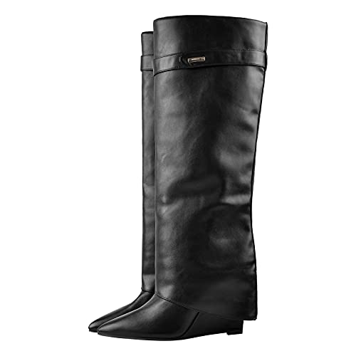 Only maker Damen Spitze Stiefel Langschaftstiefel mit Keilabsatz Wedges Boots Schlupfstiefel mit Kniehohem Schaft Lederoptik Schwarz 42 EU
