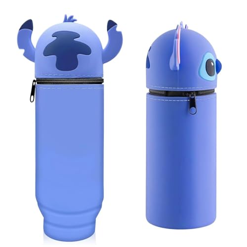 Amebleak Kawaii Federmäppchen, Mäppchen, 2-in-1 Weichem Silikon Federtasche, Weiche Silikontasche, Stand Up Federmäppchen, Stifte Mäppchen, Stifthalter Bleistifttasche Mädchen Junge (Stitch)